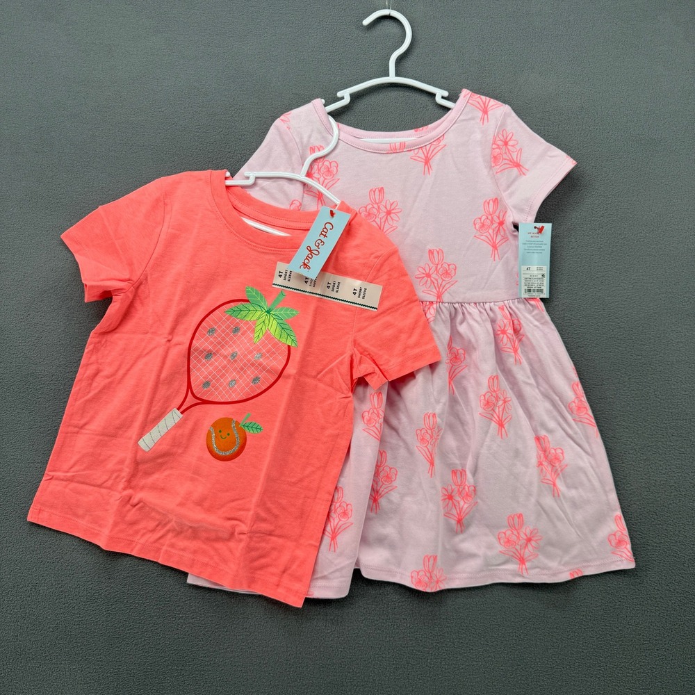 Cat & Jack Girls 4T 2pc Set Pink Floral Dress & Coral Strawberry Tennis T-Shirt